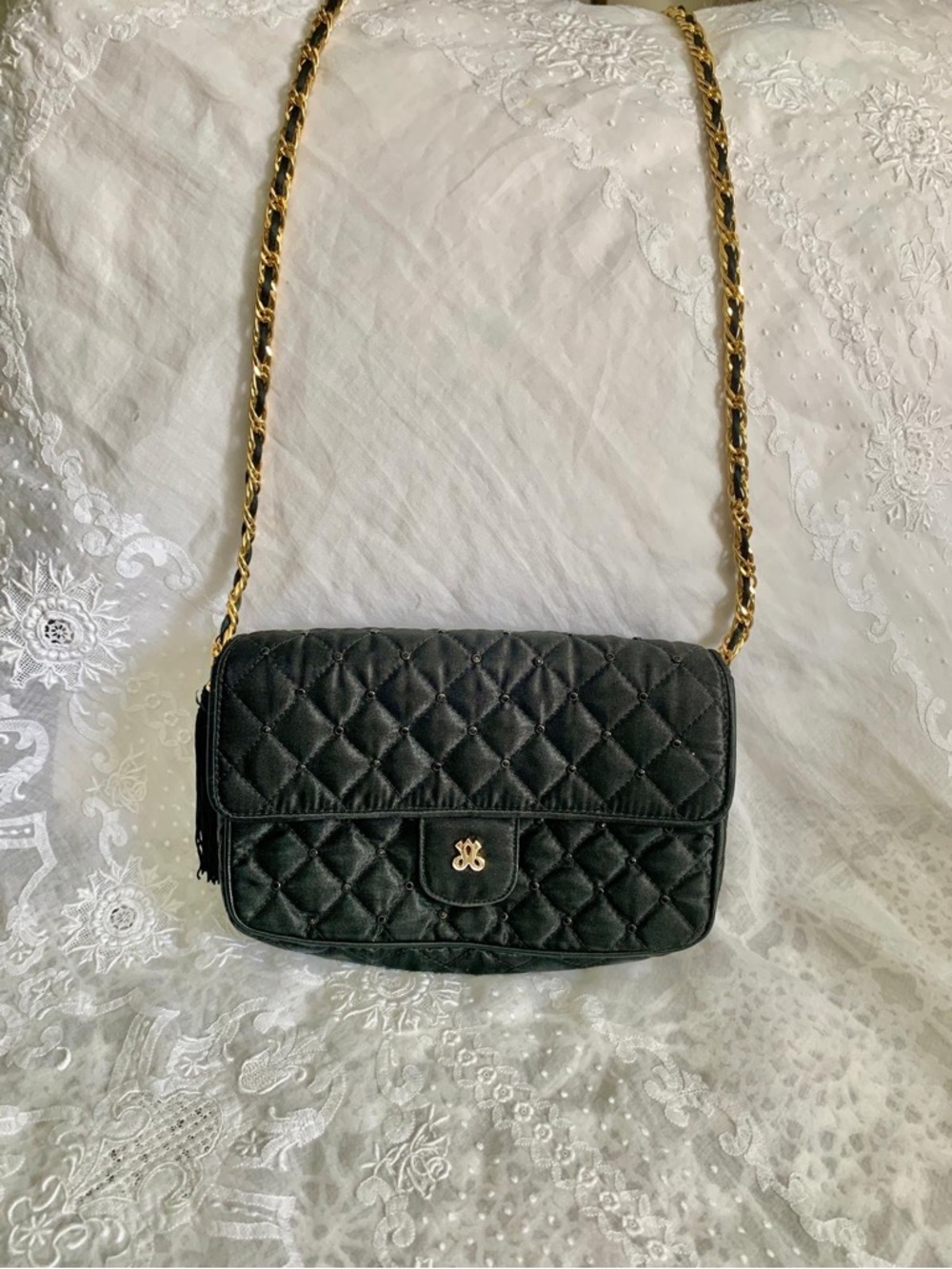 Vintage Jay Herbert New York Quilted Black Shoulder Bag with Gold Chain satin
